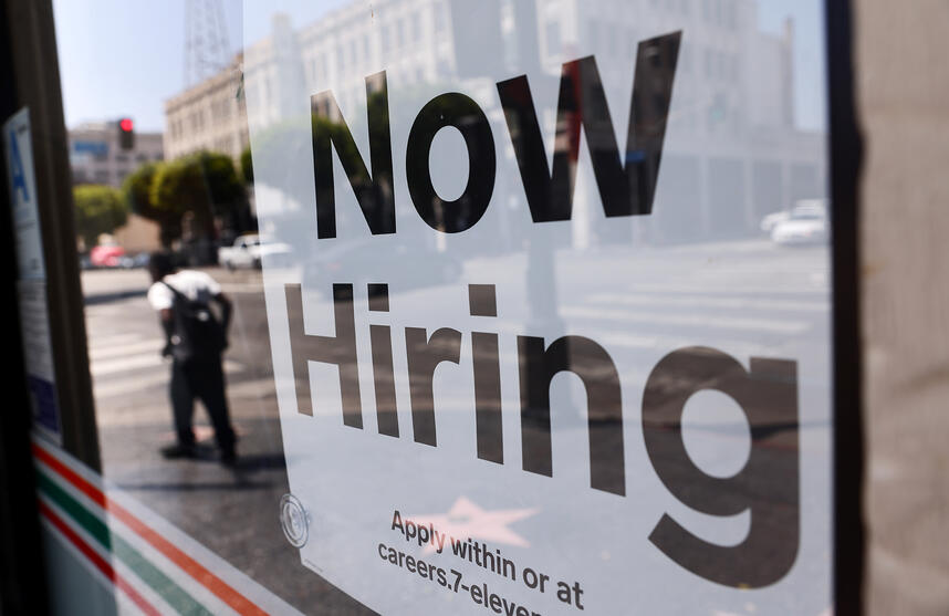 LOS ANGELES, CALIFORNIA - AUGUST 06: A 'Now Hiring' sign is posted at a 7-Eleven store on August 06, 2021 in Los Angeles, California. The U.S. economy added over 900,000 jobs in July, the biggest monthly gain since August of last year.   Mario Tama/Getty Images/AFP (Photo by MARIO TAMA / GETTY IMAGES NORTH AMERICA / Getty Images via AFP)